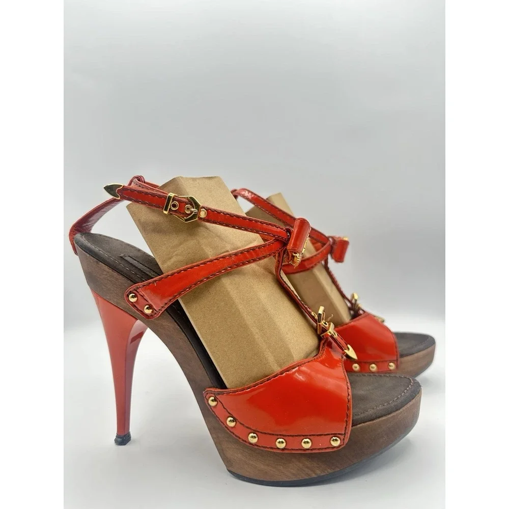 Louis Vuitton Patent Leather T-Strap Platform Sandals Red Orange Gold LV Heels